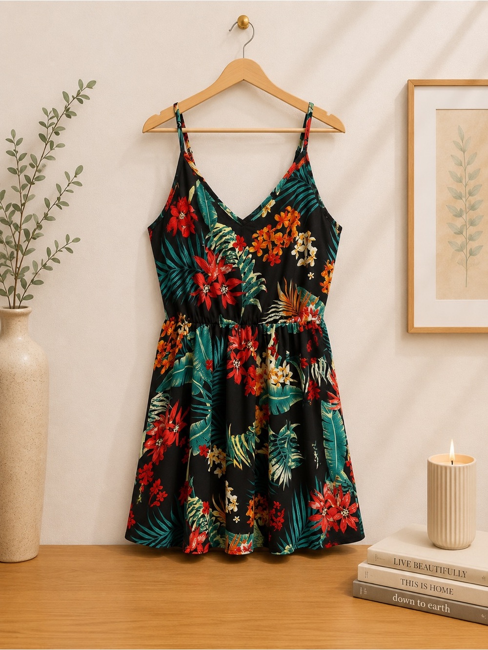 Floral V-Neck Black Tropical Sundress